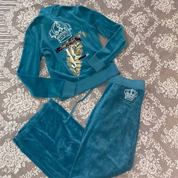 Y2K Juicy Couture Blue VELOUR Tracksuit SET VELVET TRACK PANTS JACKET - Main Image